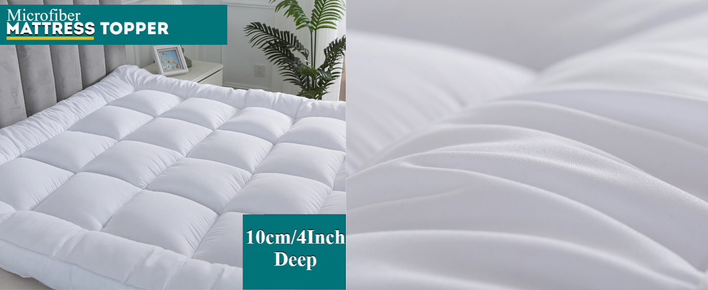 10cm/4'' Deep Microfiber Mattress Topper with Elastic Corner Straps – Available in All Sizes, Hypoallergenic Mattress Protector for Comfort & Support