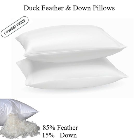 2x Duck Feather Pillows 100% Cotton Cover Hotel Quality Extra Filled Pillow