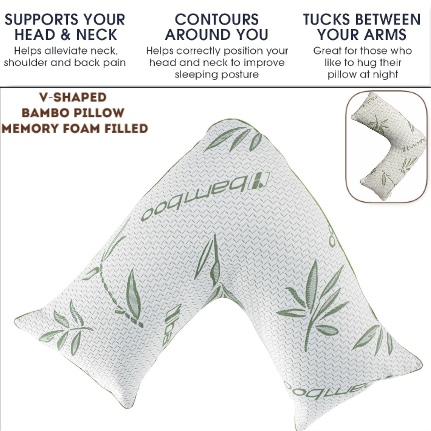 Luxury V - shaped Bamboo Pillow, Shredded Memory Foam Pillow With Removable cover - Arlinens