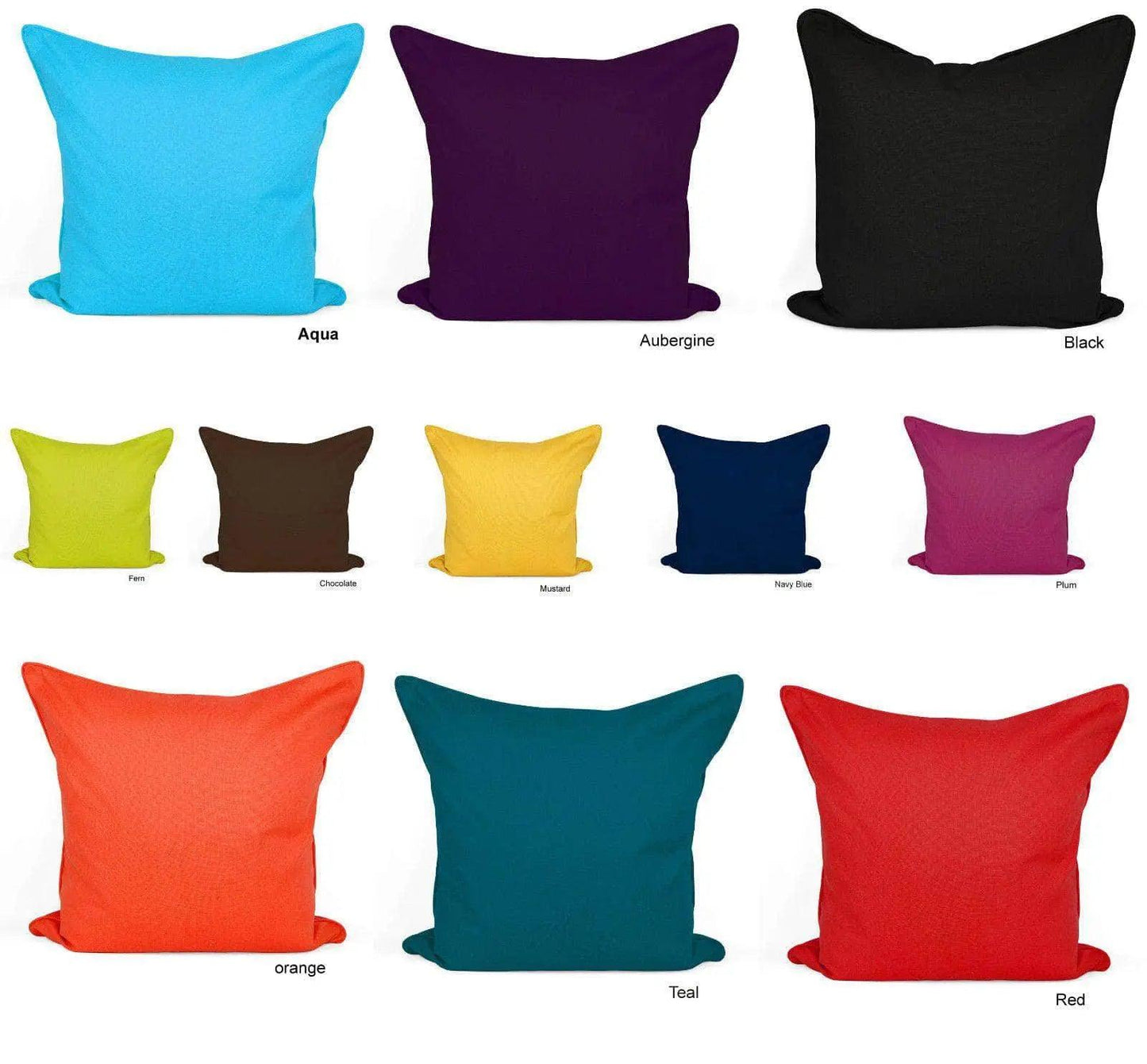 a bunch of different colored pillows on a white background