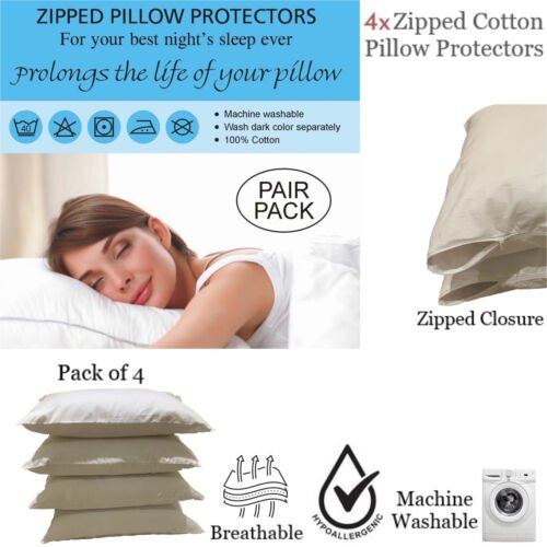 4x 100% Cotton Pillow Protectors Washable Anti allergic Zipped Entry 74x48cm - Arlinens