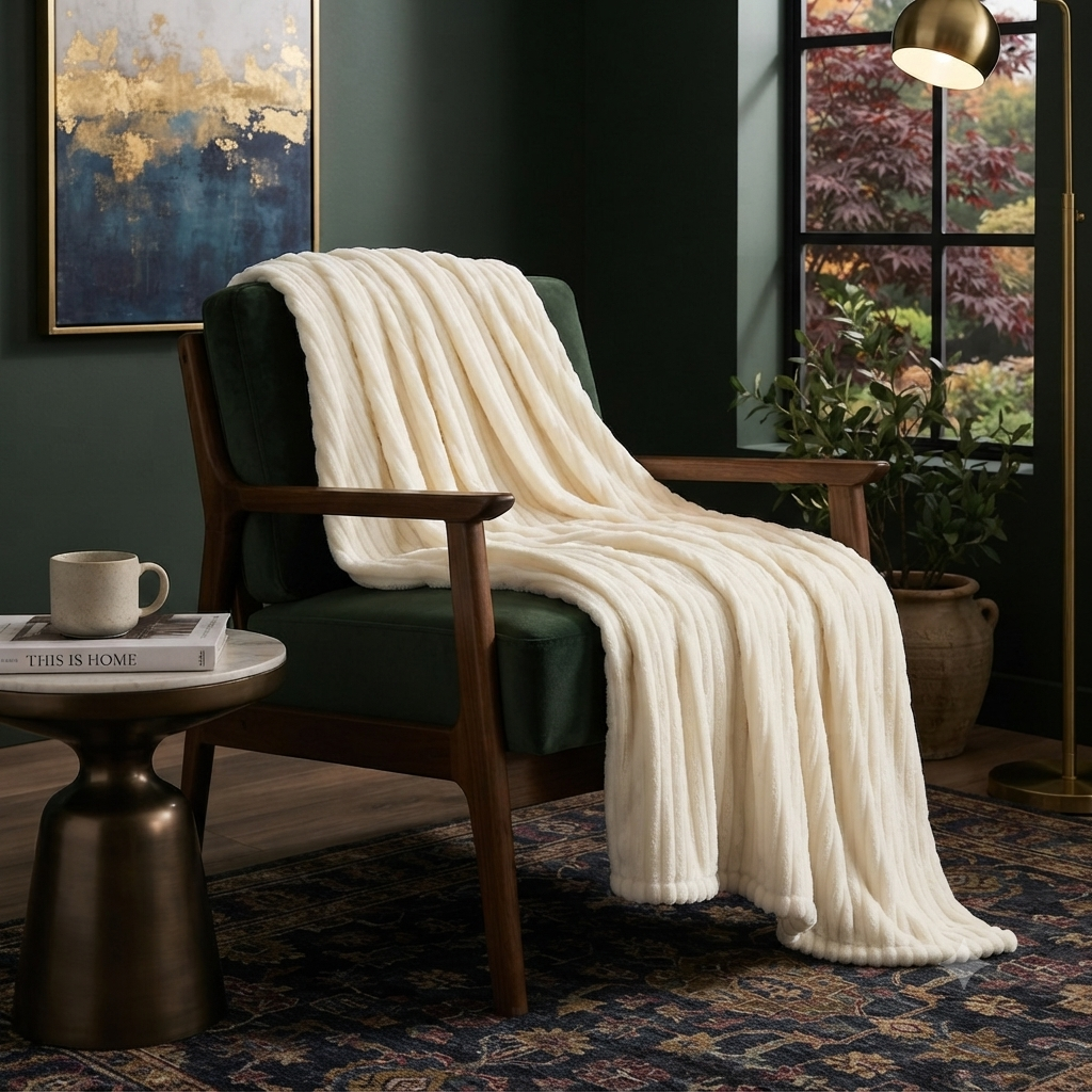 Fluffy Ribbed Fleece Blanket 350GSM Reversible Cosy Bed Throw Multiple Sizes