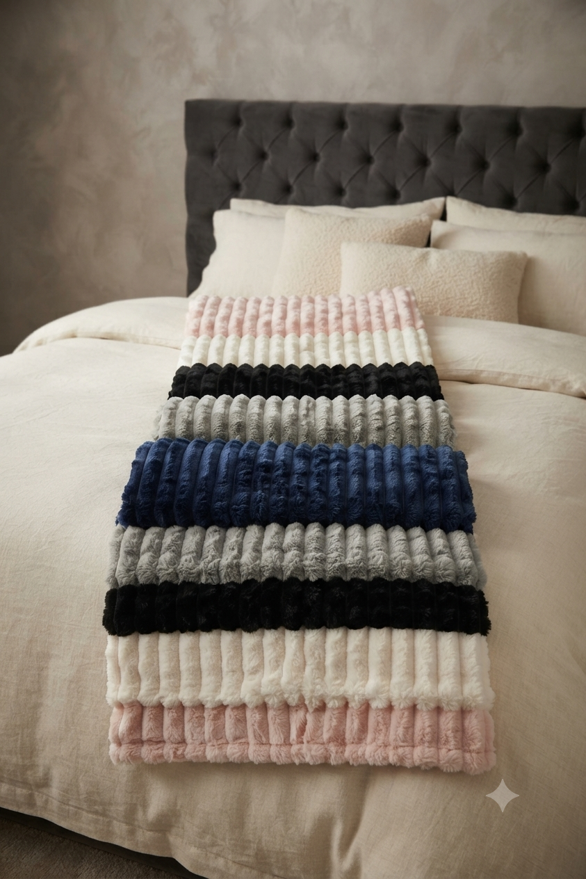 Fluffy Ribbed Fleece Blanket 350GSM Reversible Cosy Bed Throw Multiple Sizes