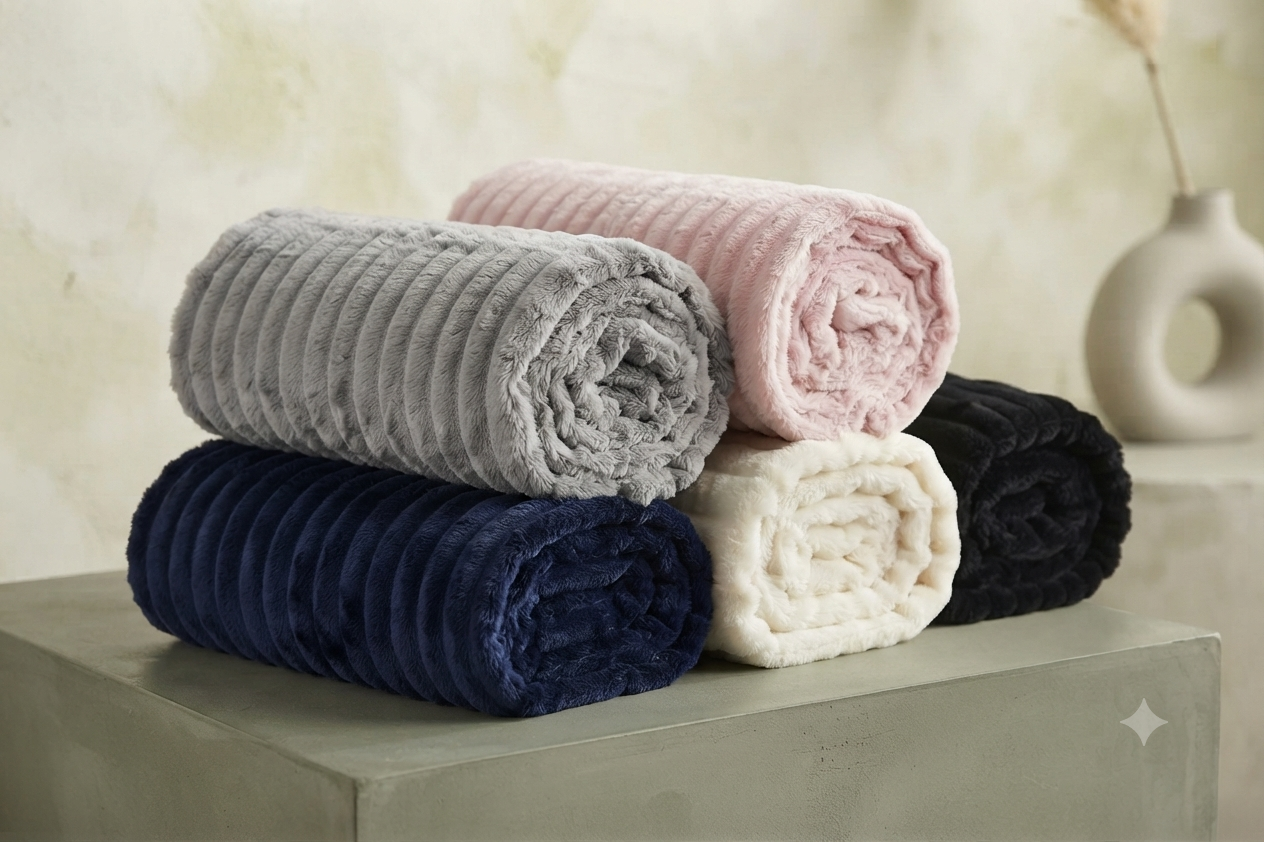 Fluffy Ribbed Fleece Blanket 350GSM Reversible Cosy Bed Throw Multiple Sizes