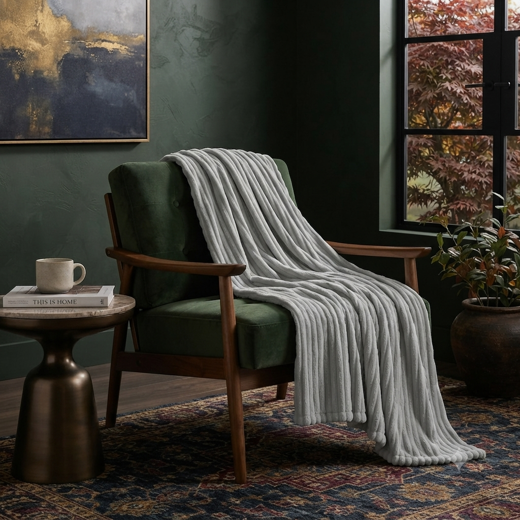 Fluffy Ribbed Fleece Blanket 350GSM Reversible Cosy Bed Throw Multiple Sizes