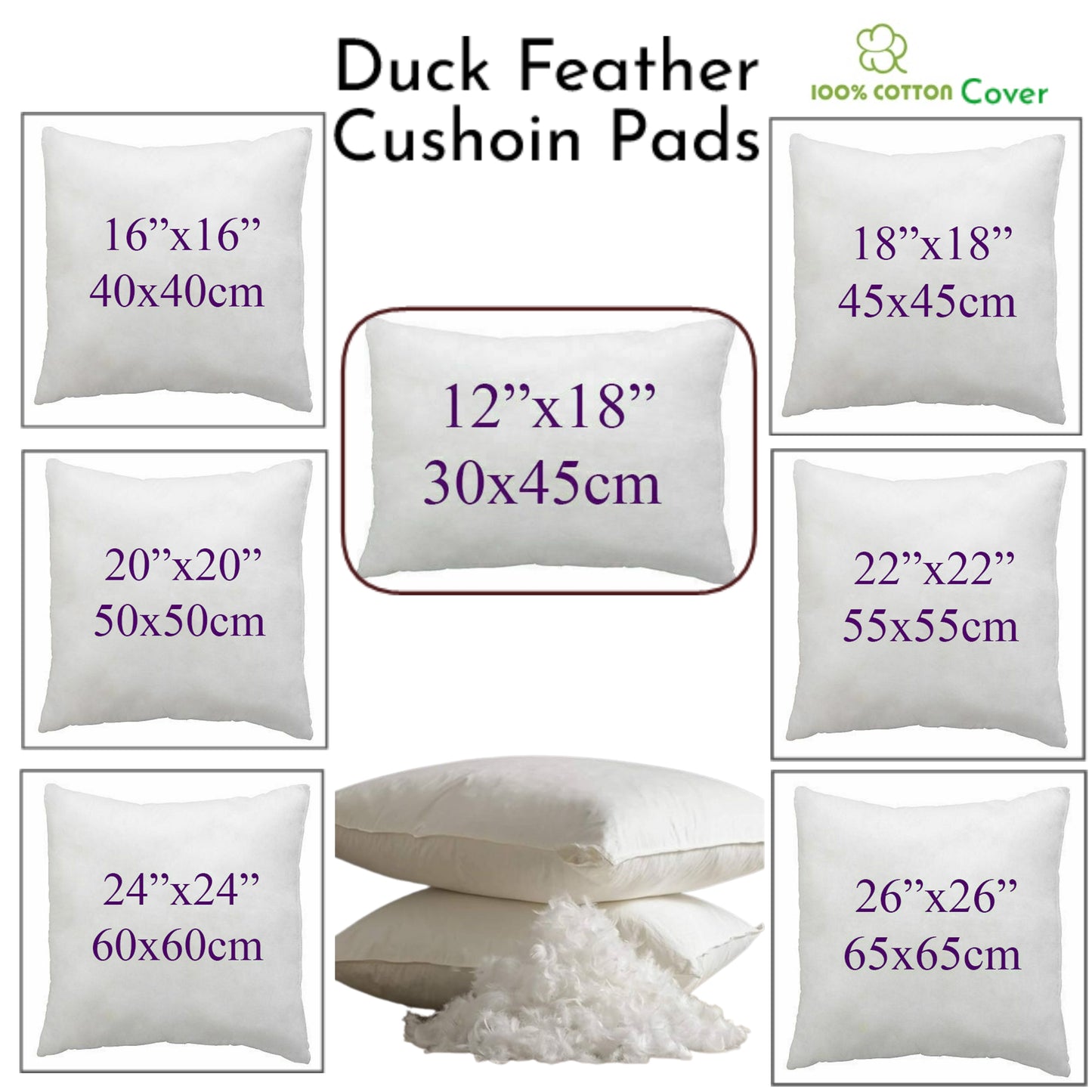 Duck Feather Cushion Pad Inner Insert Filler Scatter 100% Cotton Cover Extra Filled Plump Square Cushion