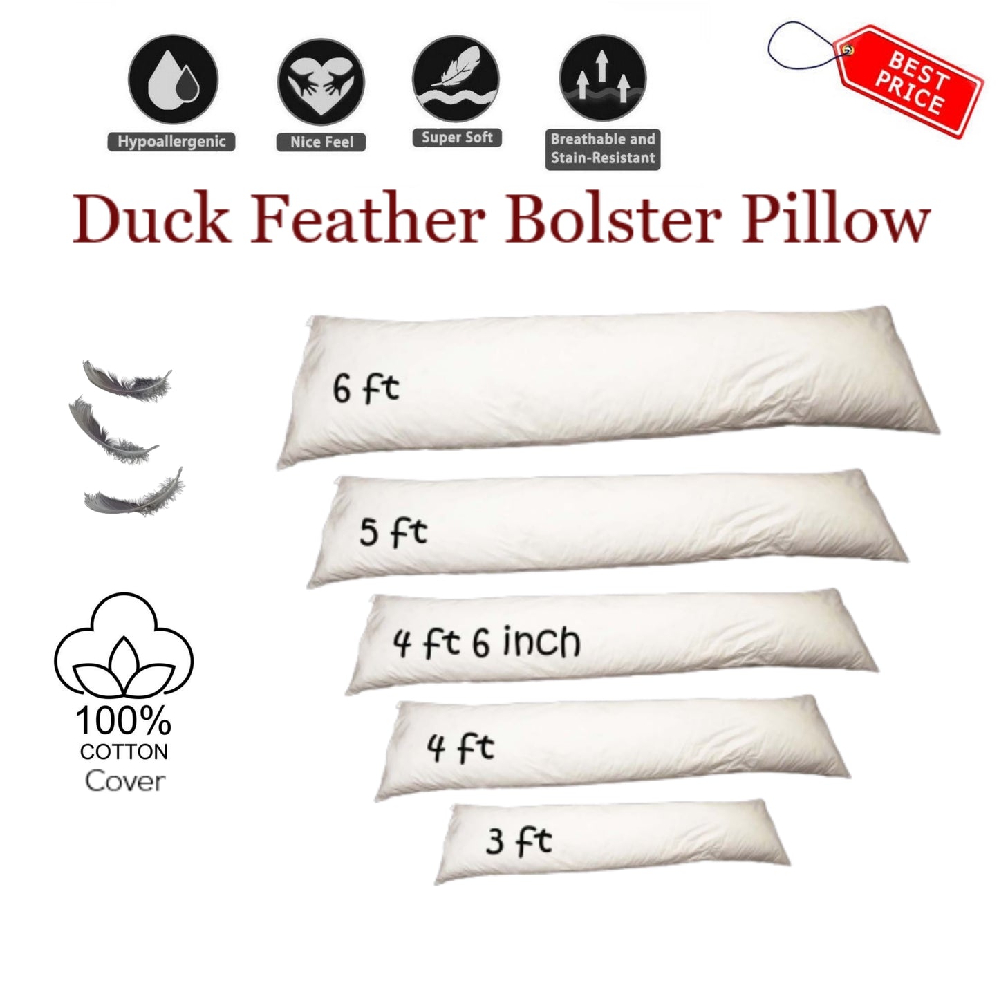 Duck Feather Down Bolster Pillow Cushion Long Body Support Orthopedic Pregnancy