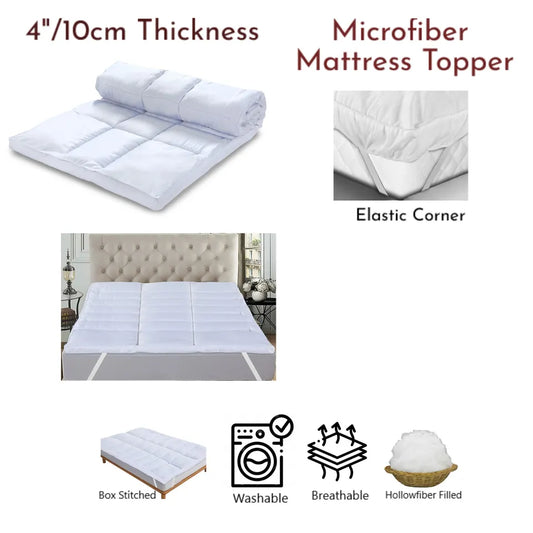 Microfibre Mattress Topper 10cm/4''Deep Protector Elastic Corner Straps All Size